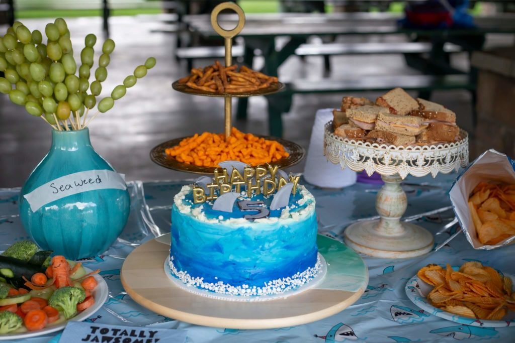 Birthday cake and other party snacks