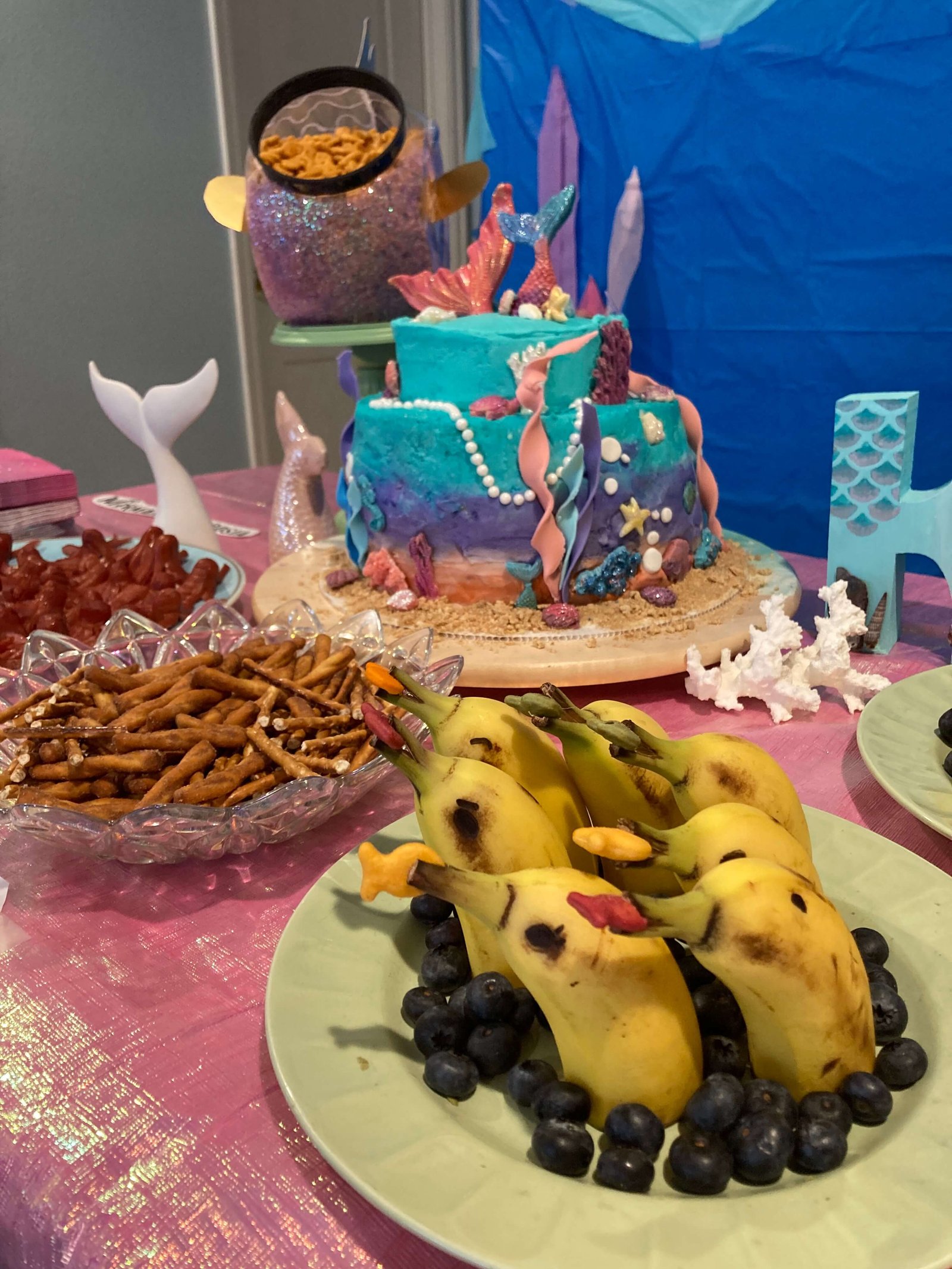 mermaid themed party snacks and cake